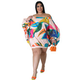 Plus Size Loose Wear Off Shoulder Printed Batwing Sleeve Short Dress