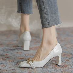 High Chunky Buckle Temperament Square Toe Heels