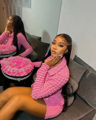 Bubble Pleated V neck Button Mini Skirt Two Piece Set