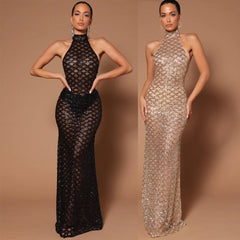 Backless Nightclub Partymal Dress Rhinestone Sequined Transparent Dress