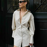 Polo Collar Stripes Shirt Dress Long Sleeve Cinched Short Dress Dress