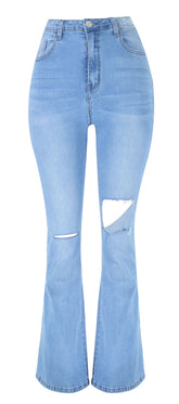 High Waist Stretch Comfortable Slimming Slightly Flared Denim Trousers Knee Ripped Street Easy to Wear