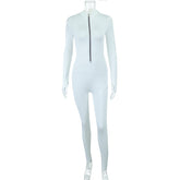 Trousers Solid Color High Waist Slim Long Sleeve Zipped StCollar Jumpsuit