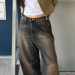 Washed Worn Jeans Straight Leg Pants Low Waist Casual Trousers