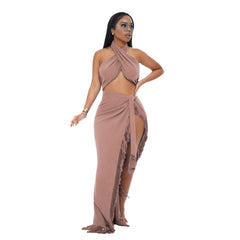 Long Sleeve High Slit Tassel Two Piece Set
