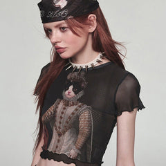Retro Cat Printing Mesh Top Trendy