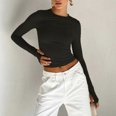 Solid Color Bottoming Round Neck T Shirt Slim Fit Slimming Long Sleeves Top T Shirt Winter