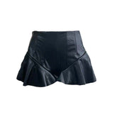 Kunstleder Freizeithose Faltenhose Rock Etui A-Linie Shorts Lederrock Rüschen Kleine Lederhose