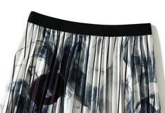 Jupe plissée mi-longue à imprimé encre, style rétro national, taille haute, ourlet large
