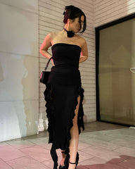 Solid Color Sleeveless off Shoulder Ruffle High Waist Dress