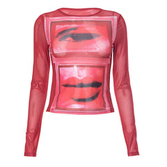 Retro Spicy Girl Printed See through Thin Pullover Round Neck Long Sleeves Skinny Slimming Top