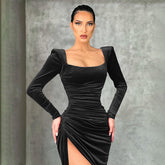 Square Neck Fold High Waist Tuxedo Dress