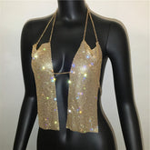 Flashing Rhinestone Deep V Plunge Plunge Chain Backless Halter Sling Top Ultra Short Sling