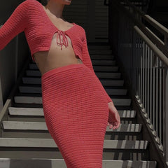 Sweet Casual Hollow Out Cutout Out Short Lace Up Cropped Knitted Cardigan Coat Skirt Knitting Suit