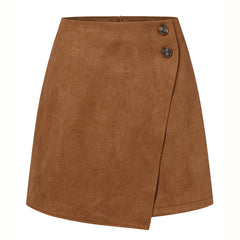 Suede Irregular Asymmetric Skirt Solid Color High Waist Zipper Button Skirt