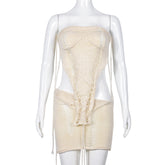 Hollow Out Cutout Cropped Bandeau Short Skirt Two Piece Set