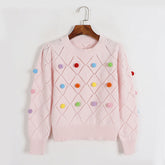 Pullover mit Rundhalsausschnitt und Puffärmeln, früher süßer, bunter Pullover mit Fellknäuel, ausgehöhlter Ausschnitt