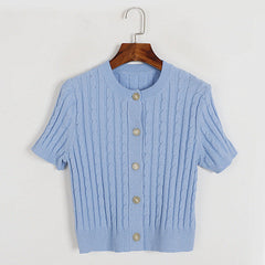 Round Neck Short Sleeve Sweater Twisted Pleach Twist Slim Single Breasted Short Top