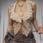 Cardigan rétro en dentelle avec col en dentelle et ourlet asymétrique irrégulier, coupe slim