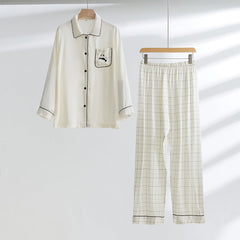 Pyjama pour couple en satin rayonne à manches longues, motif panda brodé, pantalon à carreaux, vêtements d'intérieur