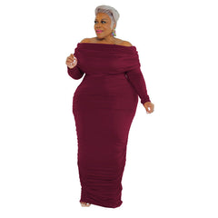 Plus Size Solid Color Off Neck Dress