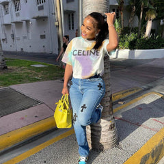 Niedrig taillierte, bestickte, ausgehöhlte, ausschnittsbesetzte, personalisierte Stretch-Strumpfhose aus Denim