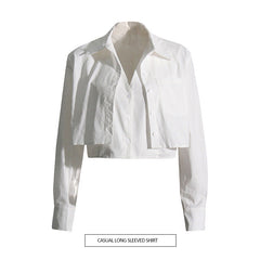 Solid Color Shirt Niche Short Office Faux Two Piece Long Sleeve Top
