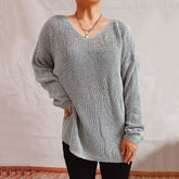 Einfacher, lockerer, einfarbiger, großer V-Ausschnitt, langärmeliger, dünner Strickpullover