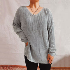 Pull simple, ample, couleur unie, col en V, manches longues, tricot fin