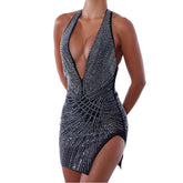 Robe dos nu à bretelles plongeantes et strass, robe de soirée fendue haute pour boîte de nuit