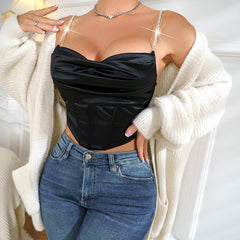 Low Collar Sling Pleated Sneaky Rhinestone Short Stitching Waist Slimming Boning Corset