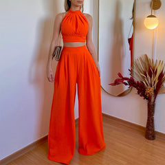 Casual Set Halter Slim Fit Elegant Chest Wrapped High Waist Trousers Two Piece Set