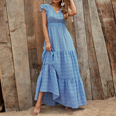 Bohemian V-neck High Waist Print Vacation Dress Stitching Floral Dress