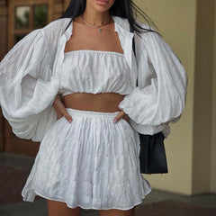 Long Sleeved White Shirt Loose Outfit Tube Top High Waist Shorts Three Piece Set