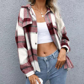 Wollkarierter Langarm-Umlegekragenmantel Dickes, lässiges, lockeres Hemd