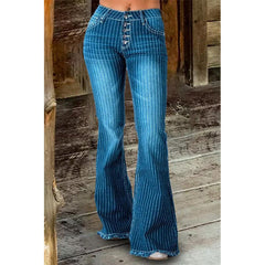 Mid Waist Stripes Bell Bottom Pants Jeans