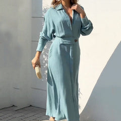 Lässiges Polo-Kragen-Langarm-Kleid mit enger Taille und einfarbigem, lockerem Schnitt