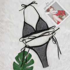 Rhinestone Bikini Split Solid Color Lace up Swimsuit Beach Vacation Swimsuit