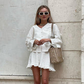 Anzug Beige Langarm Lose Freizeithemd Hohe Taille Shorts Zweiteiliges Set