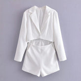 Polo Collar Solid Color Waist Hollow Out Cutout Open End Casual Romper