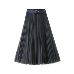 With Belt Mesh Skirt High Waist Mid-Length Pleated Skirt A- Line Fairy Gauze Skirt Skirt Skirt