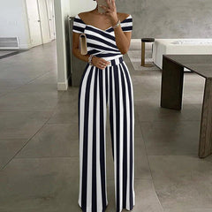 Schulterfreier Jumpsuit mit Büro-Print und kontrollierter Taille
