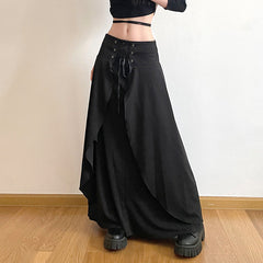 Dark Street Cool Eyelet Lace up Waist Controlled Asymmetric Skirt Double Layer Stitching Cover Slimming Midi Dress