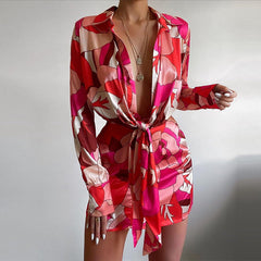 Wear Collared Print Long Sleeve Narrow Shirt Dress