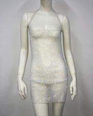 Kleid Fischnetz Strass Neckholder Schlitz Enges Kleid