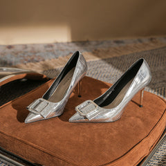 Women's Design Metal Buckle Pointed Plaid Stiletto