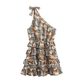 Robe imprimée dos nu à lacets et épaules dénudées, robe de vacances à volants laminés et à volants