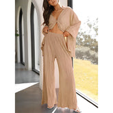 Haut plissé uni à simple boutonnage, taille haute, jambes larges, pantalon cloche, tenue d'intérieur