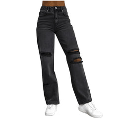 Ripped Slim Solid Color Denim Trousers