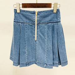 Star Double Breasted Lion Buckle Pleated Wash Denim Skirt Short Skirt